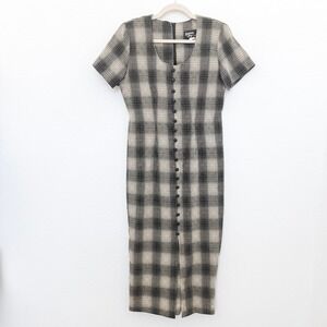 VTG 90s Dawn Joy Womens Dress Size‎ S Black Beige Plaid Midi Button Front Grunge